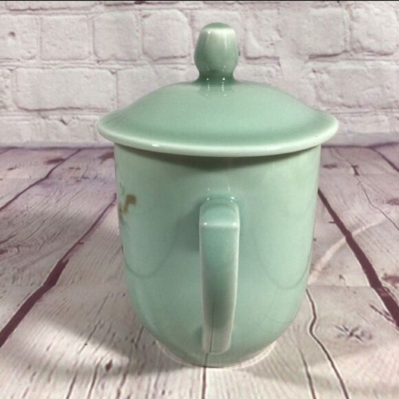 Vintage Green Ceramic Handled Mug with Lid Bird Floral Design - Picture 4 of 9